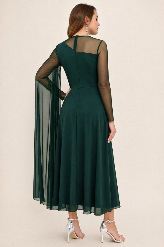 Women's Long Sleeve Mock Neck Tulle Detail Long Sandy Dress, 33666
