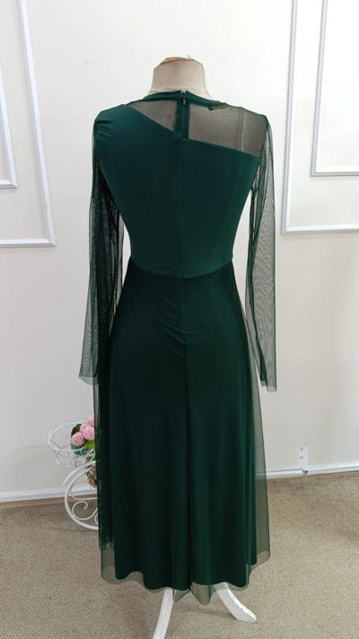 Women's Long Sleeve Mock Neck Tulle Detail Long Sandy Dress, 33666