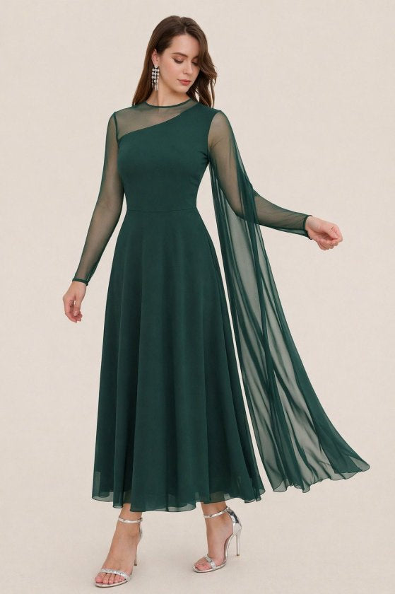 Women's Long Sleeve Mock Neck Tulle Detail Long Sandy Dress, 33666