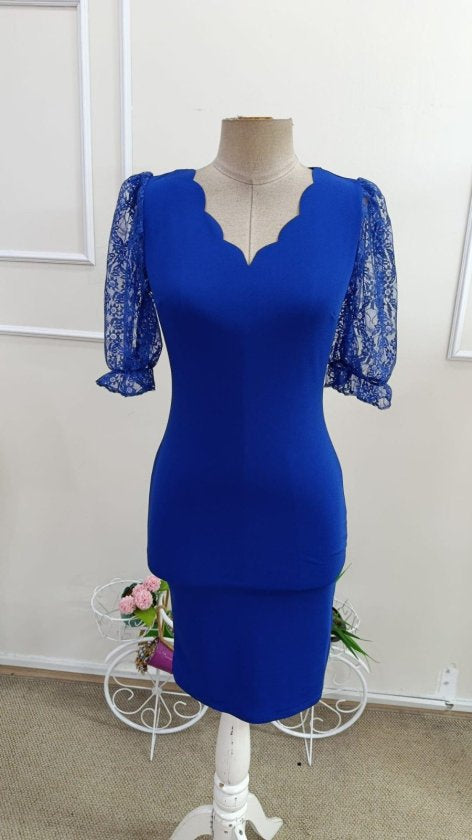 Rochie de damă cu mânecă scurtă, din dantelă, decolteu în V, cu imprimeu încrucișat pe laterale, din crep importat, 33838