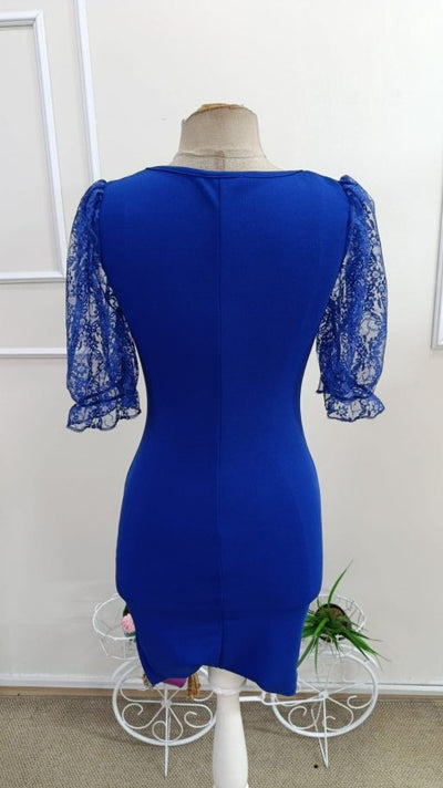 Rochie de damă cu mânecă scurtă, din dantelă, decolteu în V, cu imprimeu încrucișat pe laterale, din crep importat, 33838