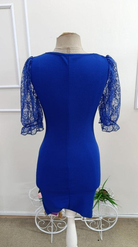 Rochie de damă cu mânecă scurtă, din dantelă, decolteu în V, cu imprimeu încrucișat pe laterale, din crep importat, 33838