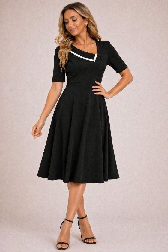 Rochie midi din crap pentru femei cu mâneci scurți, gât asimetric, 37553
