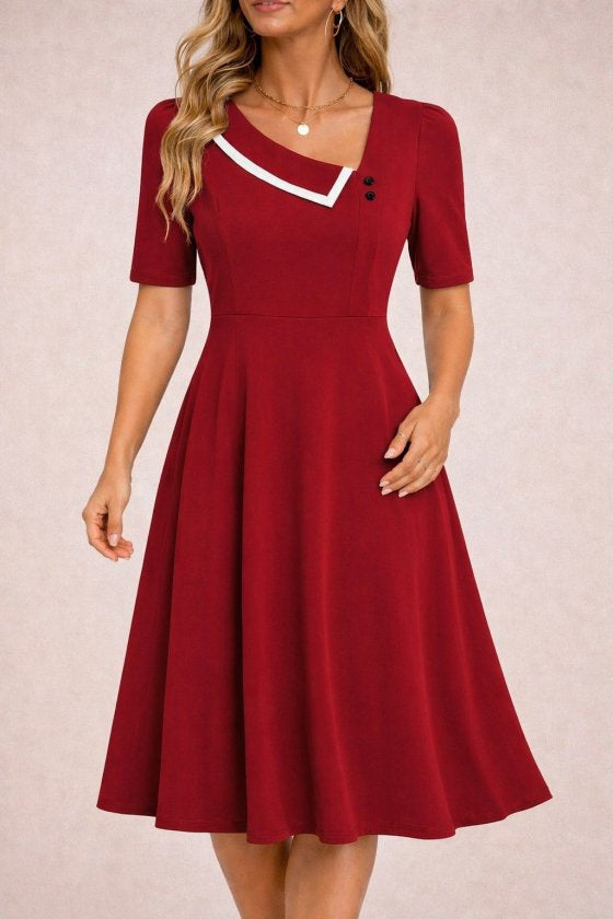 Rochie midi din crap pentru femei cu mâneci scurți, gât asimetric, 37554
