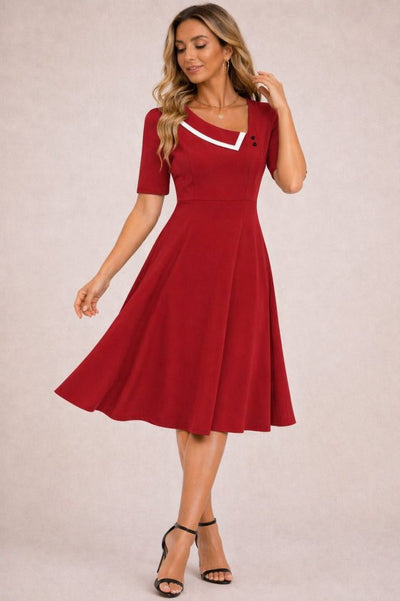 Rochie midi din crap pentru femei cu mâneci scurți, gât asimetric, 37554