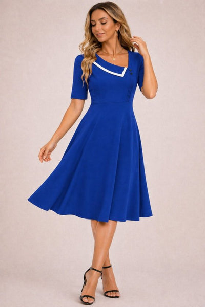 Rochie midi din crep strălucitor, cu mânecă scurtă și decolteu asimetric pentru femei, 33841