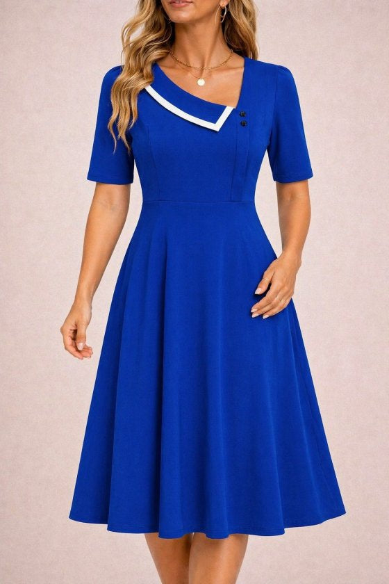 Rochie midi din crep strălucitor, cu mânecă scurtă și decolteu asimetric pentru femei, 33841