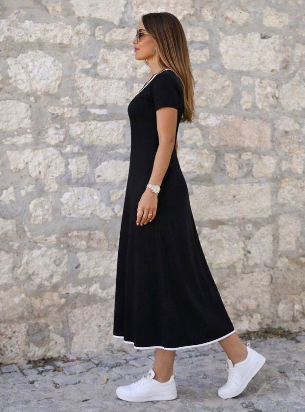 Women's Short Sleeve Round Neck Colored Collar Pleated Viscose Midi Dress, 33851