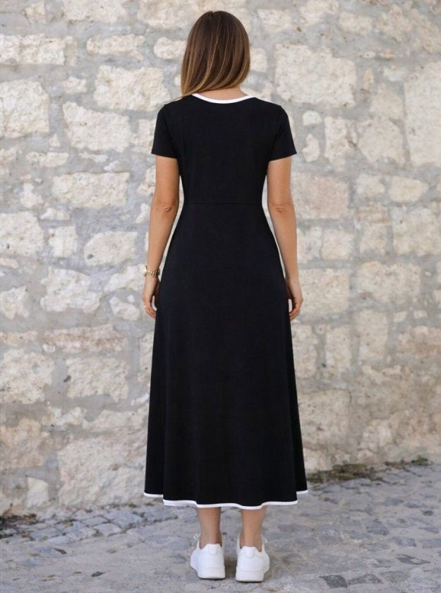 Women's Short Sleeve Round Neck Colored Collar Pleated Viscose Midi Dress, 33851