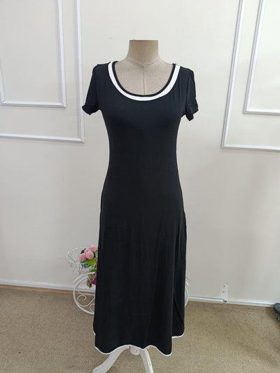Women's Short Sleeve Round Neck Colored Collar Pleated Viscose Midi Dress, 33851
