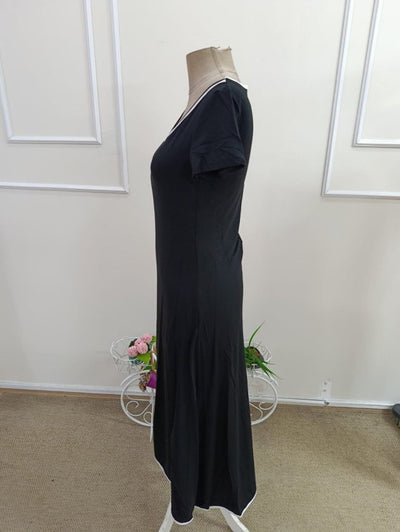 Women's Short Sleeve Round Neck Colored Collar Pleated Viscose Midi Dress, 33851