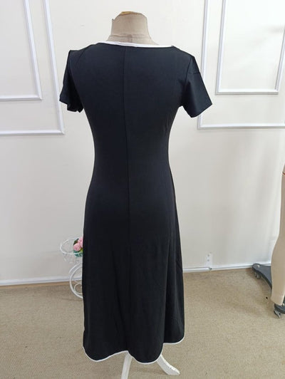 Women's Short Sleeve Round Neck Colored Collar Pleated Viscose Midi Dress, 33851