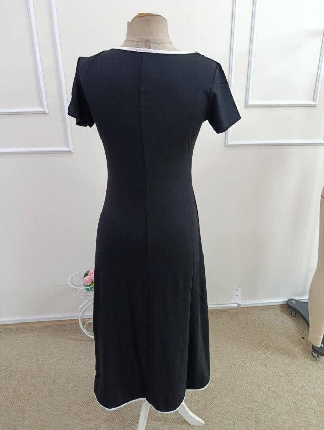 Women's Short Sleeve Round Neck Colored Collar Pleated Viscose Midi Dress, 33851