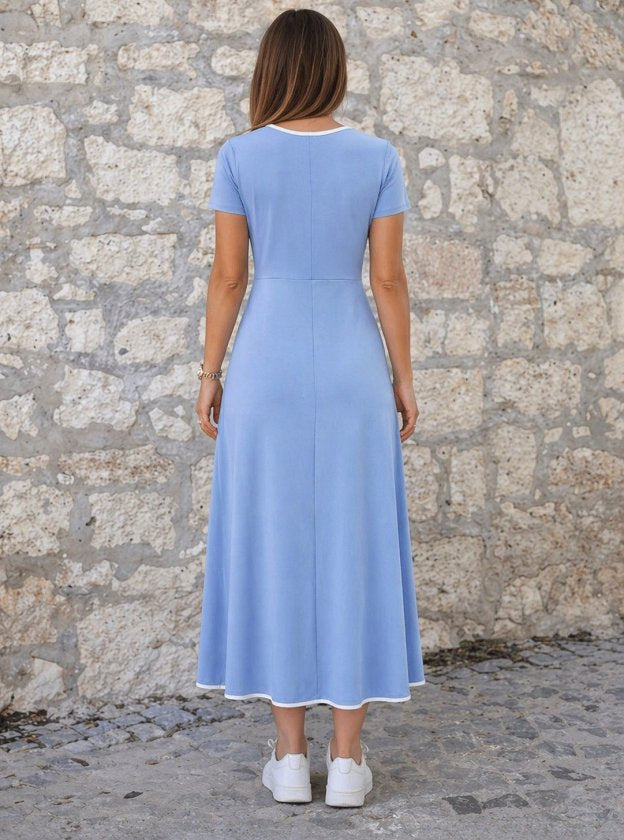 Women's Short Sleeve Round Neck Colored Collar Flared Midi Viscose Dress, 33852