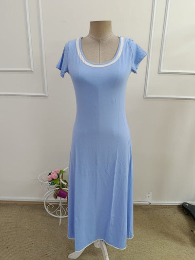 Women's Short Sleeve Round Neck Colored Collar Flared Midi Viscose Dress, 33852