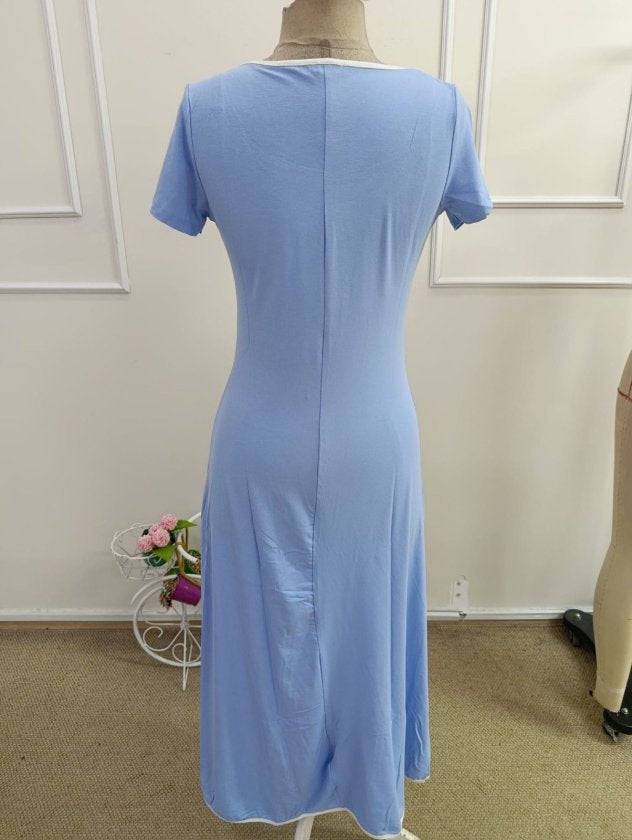 Women's Short Sleeve Round Neck Colored Collar Flared Midi Viscose Dress, 33852