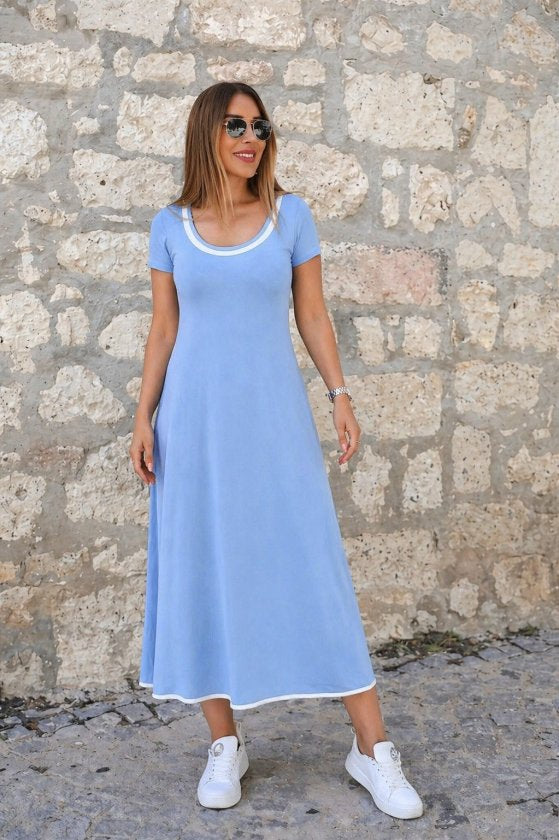 Women's Short Sleeve Round Neck Colored Collar Flared Midi Viscose Dress, 33852