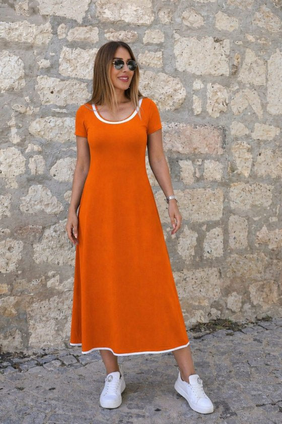 Rochie midi evazată din viscoză pentru femei, cu mânecă scurtă, decolteu rotund, guler colorat, 33853