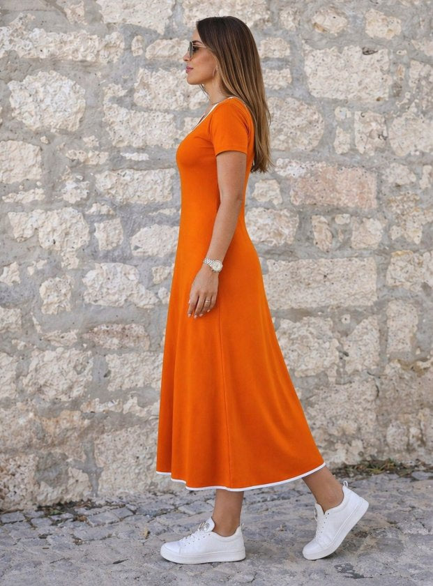 Rochie midi evazată din viscoză pentru femei, cu mânecă scurtă, decolteu rotund, guler colorat, 33853
