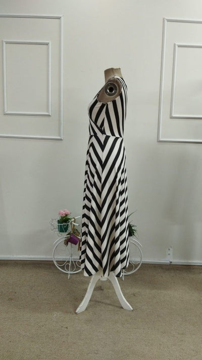 Rochie Midi din Dalgaç cu dungi pentru femei cu bretele, guler incrucișat, fără centură, 37239