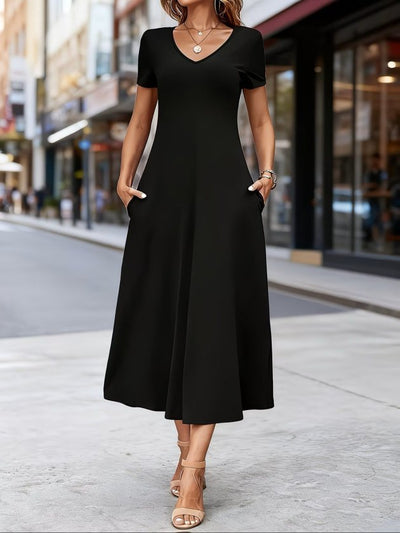 Rochie midi din viscoză cu mânecă scurtă, decolteu în V și buzunare pentru femei, 33884