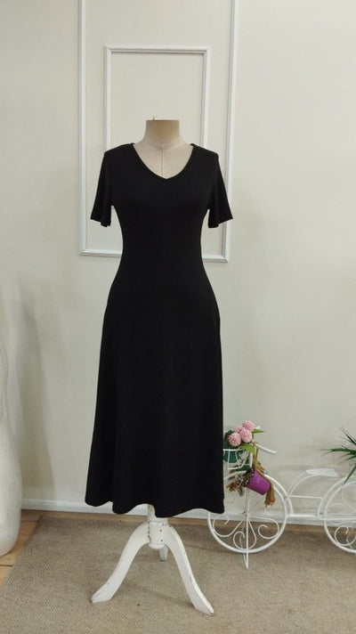 Rochie midi din viscoză cu mânecă scurtă, decolteu în V și buzunare pentru femei, 33884