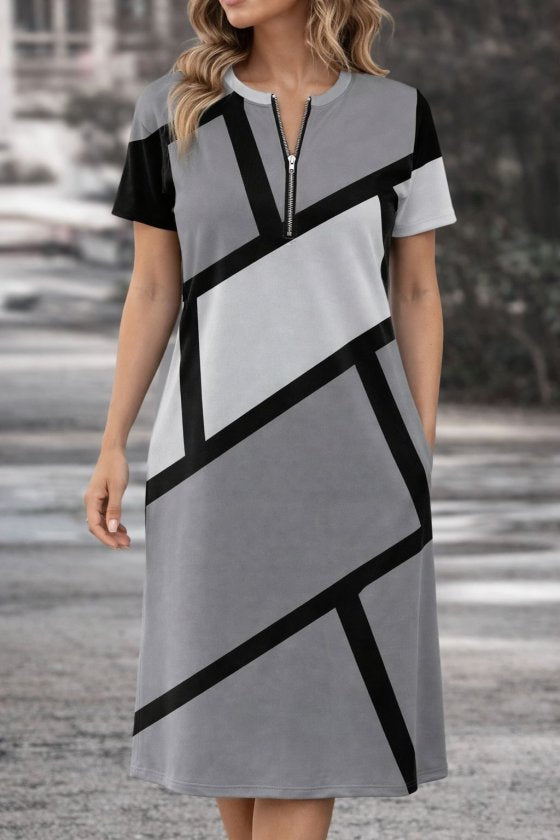 Women's Short-Sleeved Collared Zippered Patterned Short Supreme Dress, 33890