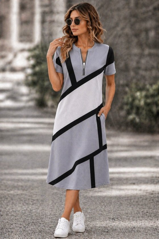 Women's Short-Sleeved Collared Zippered Patterned Short Supreme Dress, 33890