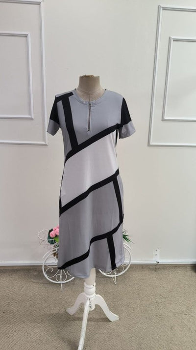 Women's Short-Sleeved Collared Zippered Patterned Short Supreme Dress, 33890
