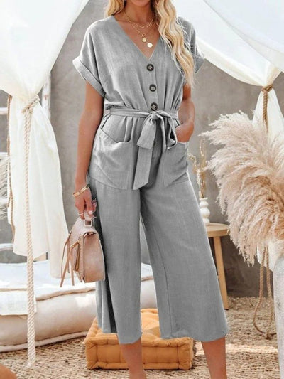 Women's Short Sleeve V-Neck Buttoned Belted Pocket Detail Long Jumpsuit, 33926