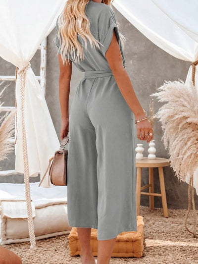Women's Short Sleeve V-Neck Buttoned Belted Pocket Detail Long Jumpsuit, 33926
