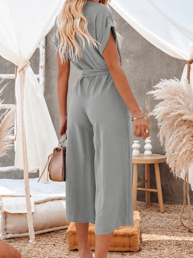 Women's Short Sleeve V-Neck Buttoned Belted Pocket Detail Long Jumpsuit, 33926