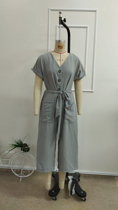 Women's Short Sleeve V-Neck Buttoned Belted Pocket Detail Long Jumpsuit, 33926