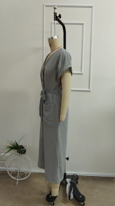Women's Short Sleeve V-Neck Buttoned Belted Pocket Detail Long Jumpsuit, 33926