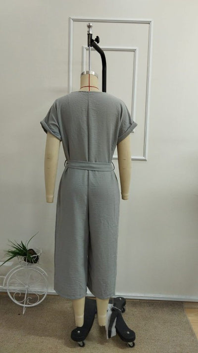 Women's Short Sleeve V-Neck Buttoned Belted Pocket Detail Long Jumpsuit, 33926