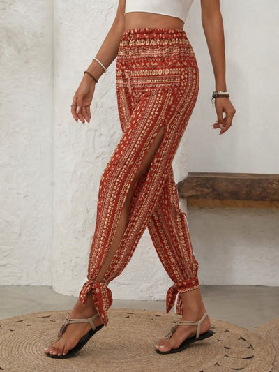 Pantaloni de damă cu talie înaltă, model, cu tiv cu legături și crăpături laterale, 33941