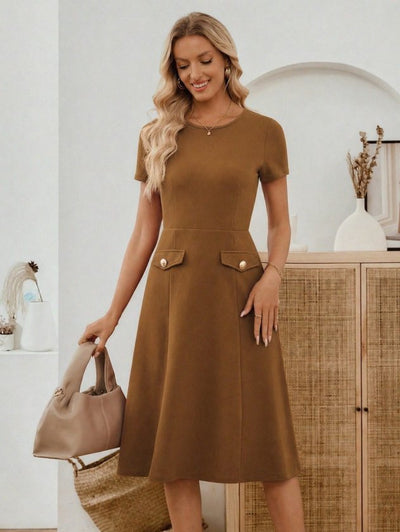 Rochie midi din crep importat, cu mânecă scurtă și guler rotund, pentru femei, cu detalii la buzunare, 33947