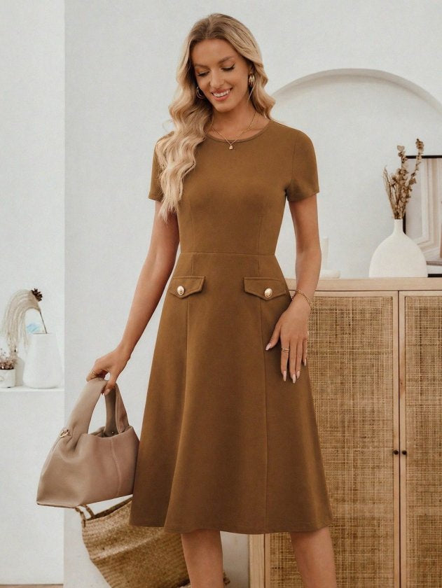 Rochie midi din crep importat, cu mânecă scurtă și guler rotund, pentru femei, cu detalii la buzunare, 33947