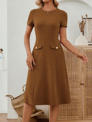 Rochie midi din crep importat, cu mânecă scurtă și guler rotund, pentru femei, cu detalii la buzunare, 33947