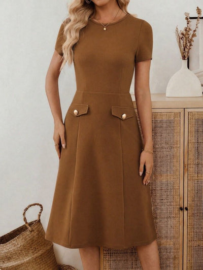 Rochie midi din crep importat, cu mânecă scurtă și guler rotund, pentru femei, cu detalii la buzunare, 33947