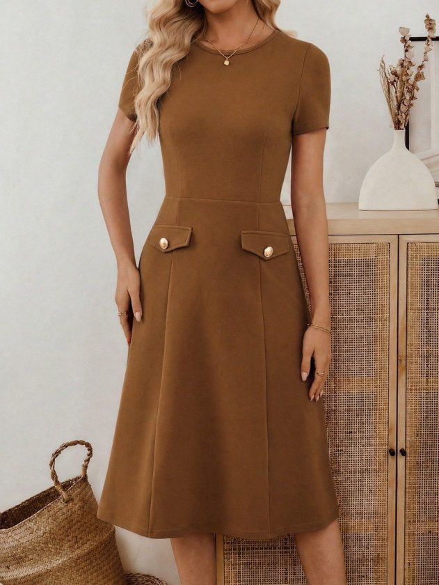 Rochie midi din crep importat, cu mânecă scurtă și guler rotund, pentru femei, cu detalii la buzunare, 33947
