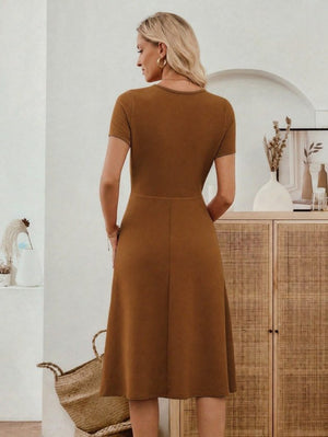 Rochie midi din crep importat, cu mânecă scurtă și guler rotund, pentru femei, cu detalii la buzunare, 33947