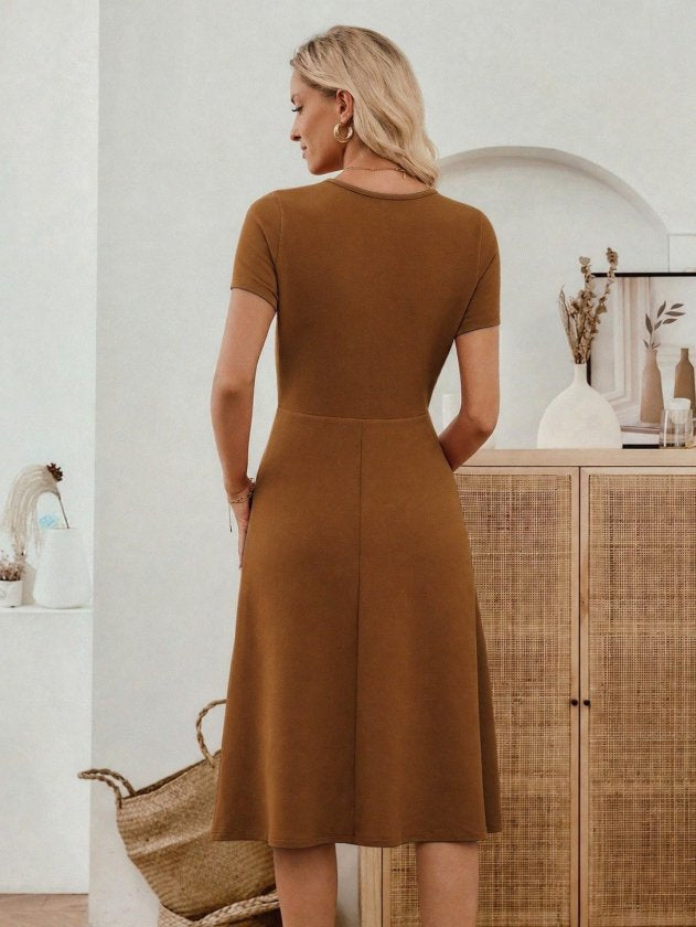 Rochie midi din crep importat, cu mânecă scurtă și guler rotund, pentru femei, cu detalii la buzunare, 33947