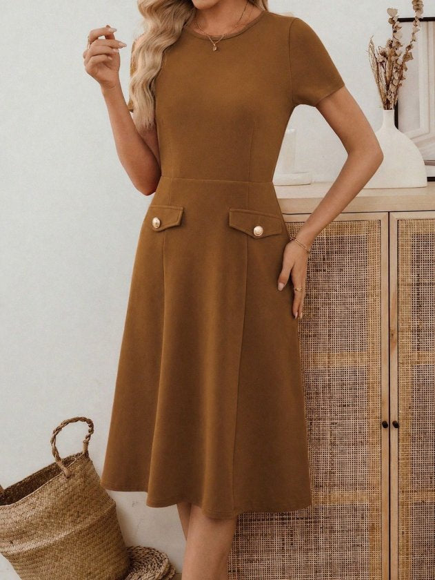 Rochie midi din crep importat, cu mânecă scurtă și guler rotund, pentru femei, cu detalii la buzunare, 33947