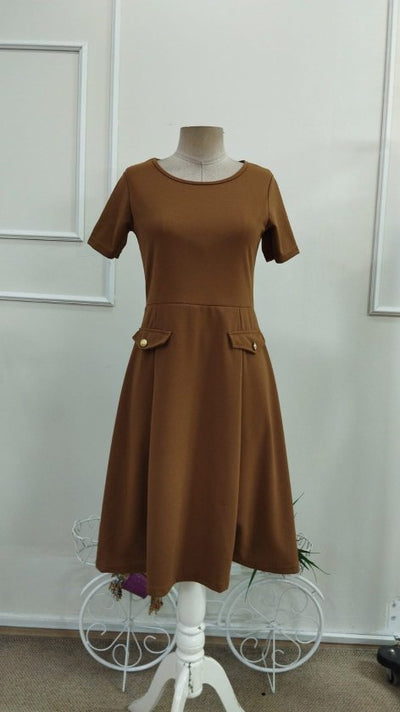 Rochie midi din crep importat, cu mânecă scurtă și guler rotund, pentru femei, cu detalii la buzunare, 33947