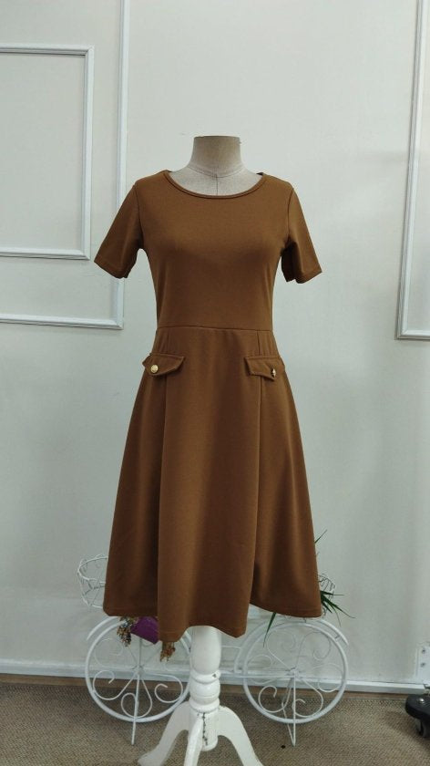 Rochie midi din crep importat, cu mânecă scurtă și guler rotund, pentru femei, cu detalii la buzunare, 33947