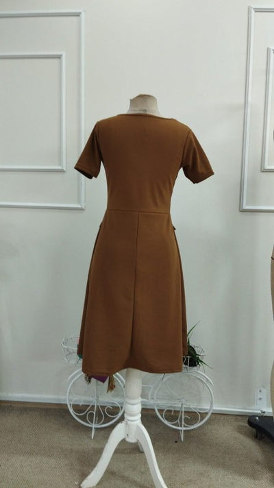 Rochie midi din crep importat, cu mânecă scurtă și guler rotund, pentru femei, cu detalii la buzunare, 33947