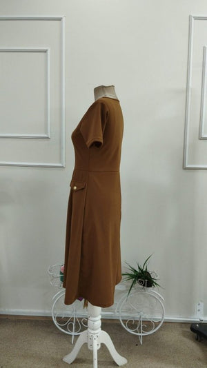 Rochie midi din crep importat, cu mânecă scurtă și guler rotund, pentru femei, cu detalii la buzunare, 33947