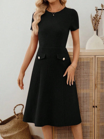 Women's Short Sleeve Crew Neck Pocket Detail Imported Crepe Midi Dress, 33948