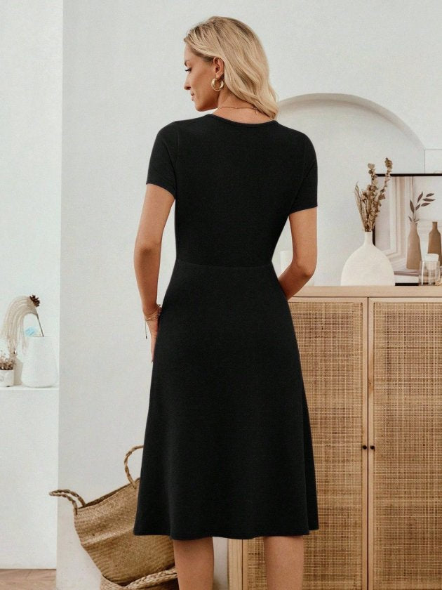 Women's Short Sleeve Crew Neck Pocket Detail Imported Crepe Midi Dress, 33948